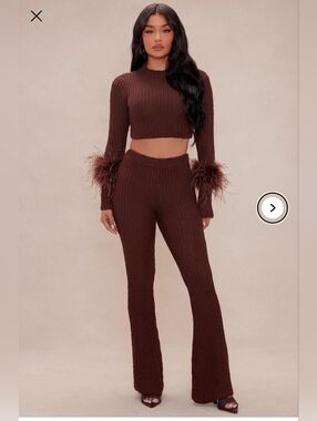 Fashion Nova LUXE Feather Cuff Ribbed Knit Crop Top & Flared Pants Set - Brown